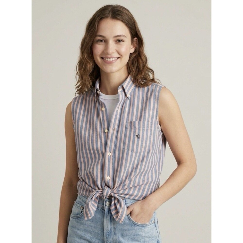 Vintage Ralph Lauren Chambray Sleeveless Collared Top Sz 12  Embroidered Stripe
